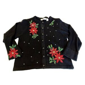 Victoria Jones: Beaded Christmas Cardigan Sweater Pointsettias Size Petite Large